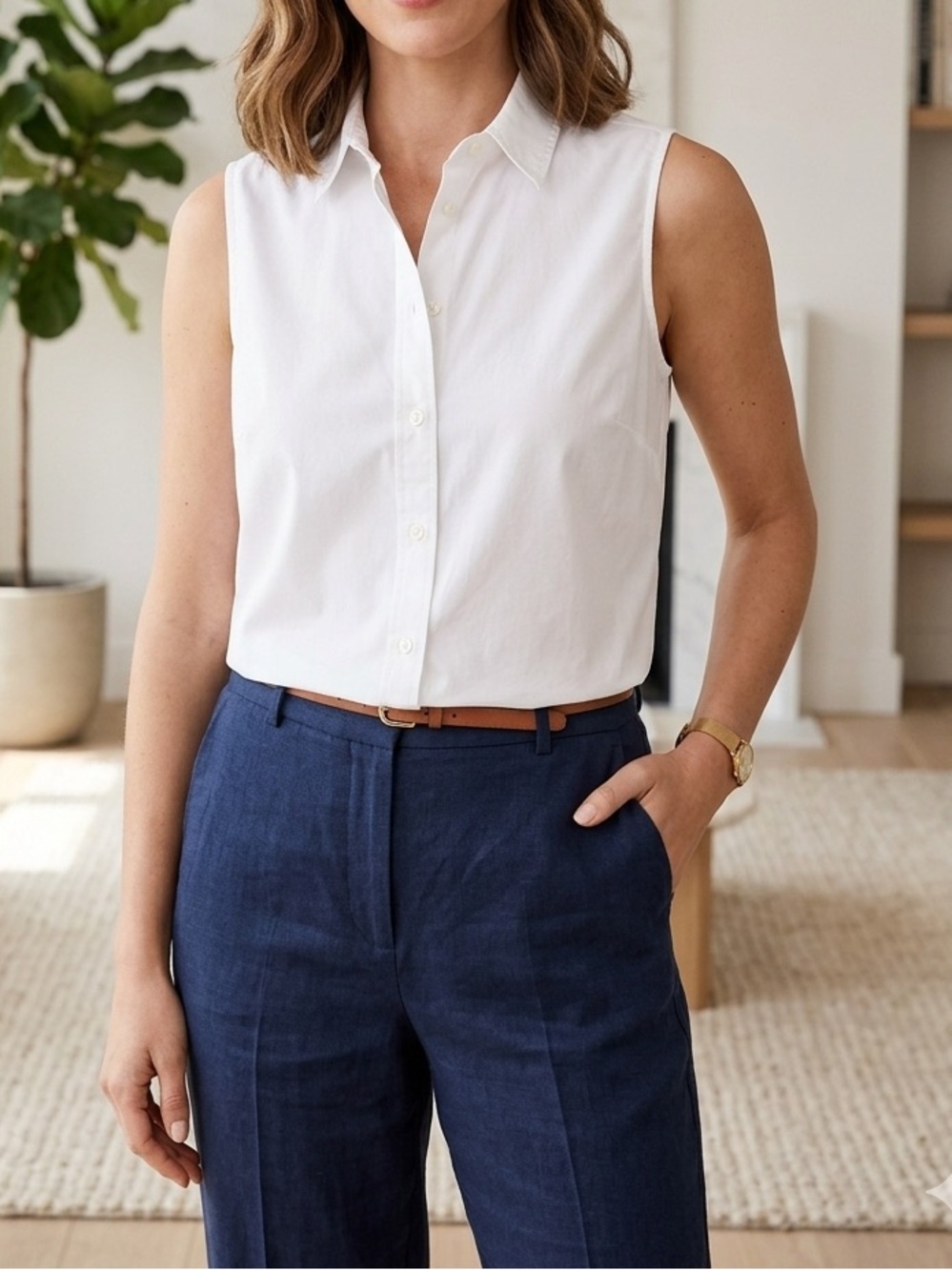 J.CREW White Cotton Sleeveless Button-Down Collared Blouse Top😍